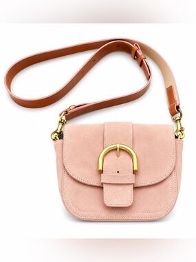 Women's Pink Suede Crossbody Bag with Gold Buckle